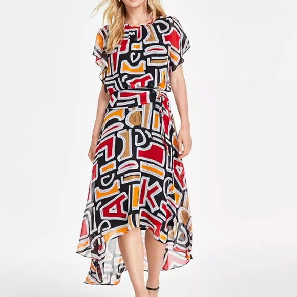 Karl Lagerfeld Paris Dress Size 8 Black Red Printed Hi Low Flutter Sleeve Artsy - Picture 1 of 11